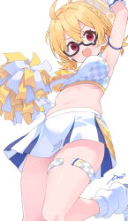 Rule 34 | 1girl, :d, arm up, armlet, armpits, blonde hair, blue archive, braid, breasts, commentary request, from below, glasses, hair between eyes, halo, highres, holding, holding pom poms, ima (lm ew), kotori (blue archive), kotori (cheer squad) (blue archive), looking at viewer, looking down, loose socks, low twintails, medium breasts, medium hair, navel, official alternate costume, official alternate hairstyle, open mouth, pleated skirt, pom pom (cheerleading), pom poms, red eyes, semi-rimless eyewear, sidelocks, signature, simple background, single braid, skirt, sleeveless, smile, socks, solo, standing, standing on one leg, stomach, thighhighs, thighlet, twintails, underboob, white background, white socks, white thighhighs