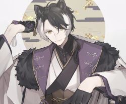 Rule 34 | animal ears, bad id, bad twitter id, black hair, fur trim, gloves, hair between eyes, holostars, jackal ears, jacket, japanese clothes, kageyama shien, kimono, looking at viewer, male focus, multicolored hair, nora (nr hlst), open mouth, short hair, smile, solo, streaked hair, virtual youtuber, white hair, yellow eyes