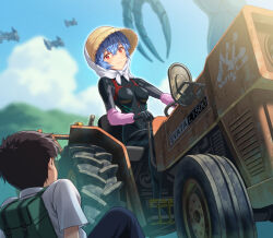Rule 34 | 1boy, 1girl, aircraft, angel (evangelion), arm support, arm warmers, ayanami rei, backpack, bag, black bodysuit, blue hair, blue sky, blurry, blurry background, blush, bodysuit, breasts, brown hair, closed mouth, cloud, collared shirt, commentary, cumulonimbus cloud, depth of field, dress shirt, driving, evangelion: 3.0+1.0 thrice upon a time, facing another, foliage, from behind, green bag, hair between eyes, hat, highres, ikari shinji, interface headset, knees up, light blush, light smile, long sleeves, looking at another, motor vehicle, mountainous horizon, neon genesis evangelion, on ground, pilot suit, plugsuit, rebuild of evangelion, red eyes, school uniform, shawl, shirt, short hair, short sleeves, sitting, sky, small breasts, smile, steering wheel, straw hat, sun hat, tokyo-3 middle school uniform, tractor, vtol, white shawl, white shirt, yahha