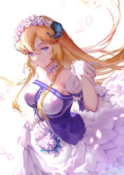 Rule 34 | 1girl, arknights, bare shoulders, blonde hair, blue eyes, breasts, chinese commentary, commentary request, dress, hair between eyes, highres, horns, large breasts, long hair, looking at viewer, nanxianyiduan, official alternate costume, saileach (appreciate fragrance) (arknights), saileach (arknights), simple background, smile, solo, very long hair, white background, white dress