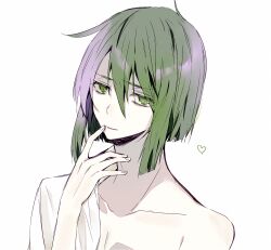 Rule 34 | 1boy, collared shirt, finger to mouth, green eyes, green hair, heart, long sleeves, male focus, mitsunari (vanquish brothers), open mouth, qi7pi, shirt, shirt partially removed, short hair, sketch, smile, solo, vanquish brothers, white background, white shirt
