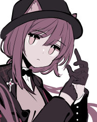 Rule 34 | 1girl, animal ear fluff, animal ears, arknights, black bow, black bowtie, black gloves, black hat, black jacket, bow, bowtie, brown eyes, brown hair, closed mouth, commentary request, ears through headwear, floating hair, gloves, hair between eyes, half gloves, hat, highres, jacket, long hair, long sleeves, looking at viewer, melantha (arknights), melantha (letters from wessex) (arknights), muted color, official alternate costume, open clothes, open jacket, shirt, simple background, solo, tetuw, upper body, very long hair, white background, white shirt