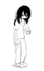 Rule 34 | 1girl, absurdres, bags under eyes, cup, female focus, frown, full body, hair between eyes, highres, jitome, messy hair, monochrome, mug, original, shirt, sika (sibbl010), slippers, slouching, solo, t-shirt