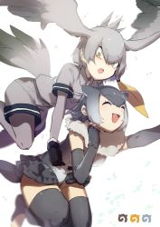 Rule 34 | 10s, 2girls, animal ears, bird tail, bodystocking, carrying, fingerless gloves, flying, fur collar, gloves, gradient hair, grey hair, head wings, highres, japari symbol, kemono friends, multicolored hair, multiple girls, no-kan, open mouth, otter ears, pantyhose, shirt, shoebill (kemono friends), short hair, short sleeves, shorts, small-clawed otter (kemono friends), tail, thighhighs, two-tone hair, wings