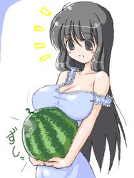Rule 34 | 1girl, black hair, blush, breast press, breast rest, breasts, carried breast rest, carrying, food, fruit, holding, holding food, holding fruit, large breasts, long hair, lowres, no bra, oekaki, open mouth, original, solo, watermelon