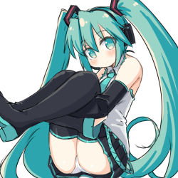 Rule 34 | 1girl, aqua eyes, aqua hair, boots, commentary, detached sleeves, hatsune miku, headset, highres, hugging own legs, long hair, naitou kouse, necktie, panties, sitting, sleeveless, solo, thigh boots, thighhighs, twintails, underwear, vocaloid, white background, white panties
