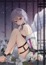 Rule 34 | 1girl, air bubble, ankle cuffs, arm support, bandeau, bare legs, bare shoulders, barefoot, black choker, blush, braid, breasts, bubble, choker, commentary request, feathered wings, feet out of frame, flower, french braid, hair between eyes, hand up, highres, index finger raised, jacket, kishin sagume, knees up, large breasts, long sleeves, looking at viewer, natsuki (ukiwakudasai), off shoulder, purple eyes, short hair, sidelocks, silver hair, single wing, sitting, skindentation, solo, thigh strap, thighs, touhou, underwater, white flower, white jacket, white wings, wings