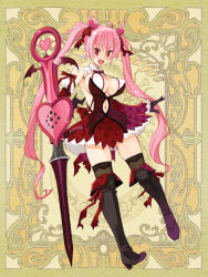 Rule 34 | 1girl, boots, breasts, center opening, clothing cutout, covered erect nipples, full body, heart, large breasts, long hair, navel cutout, official art, pink hair, psychic hearts, red eyes, ryoji (nomura ryouji), sideboob, skirt, solo, thigh boots, thighhighs, twintails, weapon