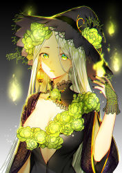 Rule 34 | 1girl, breasts, cleavage, closed mouth, collarbone, commentary request, earrings, fingernails, flower, gradient background, green eyes, hand up, hat, jewelry, large breasts, long hair, looking at viewer, maokezi, mole, mole under eye, nail polish, original, revision, signature, silver hair, simple background, slit pupils, solo, upper body, wide sleeves, witch, witch hat