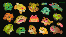 Rule 34 | animal, animal focus, artist name, black background, black eyes, closed mouth, commentary, english commentary, frog, green eyes, heart, horned frog, looking at viewer, no humans, one eye closed, open mouth, original, pikaole, red eyes, simple background, smile, tadpole, tongue, tongue out, watermark
