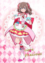 Rule 34 | 1girl, absurdres, apron, argyle, argyle background, blue bow, blush, boots, bow, brown hair, character name, choker, closed mouth, cosplay, cure precious, cure precious (cosplay), delicious party precure, diamond hands, dot mouth, gloves, hair bow, highres, knee boots, kome-kome (precure), layered skirt, looking at viewer, magical girl, medium hair, multicolored clothes, multicolored skirt, nagomi yui, ono (wimawi838), pink background, pink bow, pink choker, pink theme, precure, purple eyes, self cosplay, skirt, smile, solo, standing, standing on one leg, two side up, white apron, white footwear, white gloves