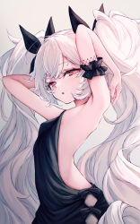 Rule 34 | 1girl, armpits, arms up, azur lane, backless dress, backless outfit, black dress, black ribbon, breasts, commentary request, dress, evening gown, grey background, hair ribbon, highres, laffey (azur lane), long hair, looking at viewer, narrowed eyes, official alternate costume, open mouth, red eyes, ribbon, sidelocks, silver hair, simple background, small breasts, solo, twintails, twisted torso, very long hair, wakaba (945599620)