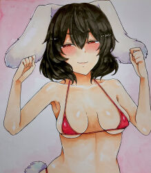 Rule 34 | 1girl, absurdres, animal ears, bikini, black hair, blush, breasts, breasts apart, bright pupils, clenched hands, collarbone, commentary request, double-parted bangs, floppy ears, hands up, highres, inaba tewi, looking at viewer, medium breasts, narrowed eyes, rabbit ears, rabbit tail, red bikini, red eyes, shiny skin, short hair, smug, solo, swimsuit, tail, thick eyebrows, touhou, traditional media, upper body, washiwa, white pupils