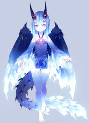 Rule 34 | 1girl, 54hao, bare shoulders, barefoot, blue dress, blue hair, blue sleeves, blue wings, blunt bangs, blush, collarbone, commentary request, copyright request, detached sleeves, dragon girl, dragon horns, dragon tail, dragon wings, dress, feet, full body, grey background, halterneck, highres, horns, long hair, long sleeves, monster hunter, monster hunter: world, monster hunter (series), parted lips, pelvic curtain, personification, purple eyes, purple thighhighs, short dress, simple background, sleeveless, sleeveless dress, sleeves past wrists, solo, standing, standing on one leg, tail, thigh gap, thighhighs, toes, very long hair, wide sleeves, wings, xeno&#039;jiiva