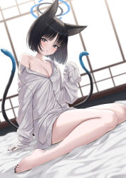 1girl absurdres alternate_costume animal_ears bare_legs barefoot black_hair black_nails blue_archive blunt_ends breasts cat_ears cat_girl cat_tail cleavage commentary hair_between_eyes highres kikyou_(blue_archive) large_breasts looking_at_viewer multiple_tails rama_(yu-light8) shirt shirt_partially_removed short_hair sidelocks single_bare_shoulder sleeves_past_fingers sleeves_past_wrists tail two_tails white_shirt