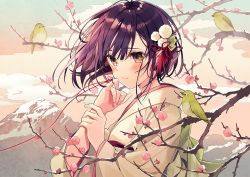 Rule 34 | 1girl, bird, branch, cloud, commentary request, flower, from side, green eyes, hair ornament, japanese clothes, kimono, mountain, multicolored eyes, orange eyes, original, oshioshio, pom pom (clothes), profile, purple hair, sky, solo, string, string around finger, upper body, white kimono