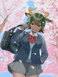Rule 34 | 1girl, alternate costume, animal ears, aurochs (kemono friends), bag, blue jacket, blush, bow, bowtie, brown hair, cherry blossoms, collared shirt, cow ears, cow girl, cow horns, cowboy shot, green hair, grey skirt, hair between eyes, highres, horns, ieinu account, jacket, kemono friends, long sleeves, looking at viewer, multicolored hair, open clothes, open jacket, open mouth, pleated skirt, red bow, red bowtie, school bag, school uniform, shirt, short hair, skirt, smile, solo, white shirt, yellow eyes