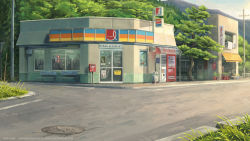 Rule 34 | bad id, bad pixiv id, commentary, day, door, forest, grass, highres, kimi no na wa., making-of available, nature, no humans, outdoors, plant, psd available, qs2435, road, shop, sign, third-party edit, trash can, tree, utility pole, vending machine, window
