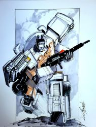 Rule 34 | autobot, commentary, commission, ectotron, english commentary, ghostbusters, gun, highres, holding, holding gun, holding weapon, livioramondelli, looking at viewer, marker (medium), mecha, no humans, robot, science fiction, signature, solo, standing, traditional media, transformers, weapon