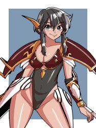 Rule 34 | 1girl, arm guards, armor, black eyes, black hair, black leotard, breasts, claw (weapon), cleavage, closed mouth, collarbone, commentary, covered navel, cowboy shot, english commentary, faulds, fire emblem, fire emblem: genealogy of the holy war, gluteal fold, groin, hair between eyes, highleg, highleg leotard, highres, langrisser, langrisser ii, larcei (fire emblem), legs apart, leotard, long hair, medium breasts, mnejing30, nintendo, pauldrons, red armor, ringed eyes, sherry (langrisser), short hair with long locks, shoulder armor, smile, solo, split mouth, standing, weapon