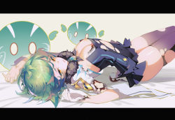 Rule 34 | 1girl, absurdres, animal ears, blue dress, blush, breasts, burnt, burnt clothes, cat ears, cat girl, covered navel, damaged, dress, genshin impact, gloves, gold trim, green hair, highres, huge filesize, letterboxed, long sleeves, looking at viewer, medium breasts, multicolored hair, navel, nipples, no eyewear, no headwear, open mouth, orange eyes, ponytail, shirt, skirt, solo, sucrose (genshin impact), thighhighs, torn clothes, torn dress, torn shirt, torn skirt, torn thighhighs, vision (genshin impact)