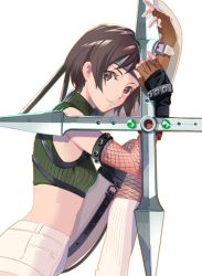Rule 34 | 1girl, arm guards, breasts, brown eyes, brown hair, chest strap, cofffee, final fantasy, final fantasy vii, fingerless gloves, fishnet armwear, fishnet legwear, fishnets, gloves, green shirt, headband, holding, holding weapon, leg up, leg warmers, looking at viewer, materia, midriff, shirt, short hair, short shorts, shorts, shuriken, sleeveless, sleeveless turtleneck, small breasts, smile, solo, square enix, turtleneck, upper body, weapon, white background, yuffie kisaragi