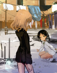 Rule 34 | 2girls, black hair, blurry, brown eyes, city, depth of field, eye contact, fang, fernandia malvezzi, francesca lucchini, green eyes, hair ribbon, highres, kabuyama kaigi, laundry, light brown hair, long hair, looking at another, looking up, multiple girls, neck ribbon, outdoors, outstretched arms, ribbon, sketch, squatting, strike witches, strike witches: kurenai no majo-tachi, twintails, uniform, world witches series
