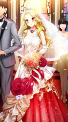 Rule 34 | 1boy, 2girls, blonde hair, blush, bouquet, bridal veil, brown eyes, closed mouth, collarbone, diadem, doukyuusei 2, doukyuusei another world, dress, elbow gloves, flower, game cg, gloves, grey jacket, grey pants, holding, holding bouquet, indoors, jacket, jewelry, layered dress, lens flare, long dress, long hair, maijima karen, multiple girls, necklace, orange flower, pants, red flower, smile, solo focus, sparkle, strapless, strapless dress, veil, wedding, wedding dress, white dress, white flower, white gloves, yellow flower