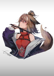 Rule 34 | 1girl, absurdres, animal ears, arknights, bandaid, bandaid on shoulder, bare shoulders, blood, bloody tears, breasts, brown hair, character name, commentary request, cropped torso, cutter (arknights), grey background, hair between eyes, hair ornament, hairclip, half updo, hand up, highres, holding, holding knife, holding weapon, jacket, knife, looking at viewer, medium breasts, off shoulder, open clothes, open jacket, orga (orgacl), purple jacket, red eyes, red shirt, shirt, short hair, sleeveless, sleeveless shirt, solo, tail, upper body, weapon