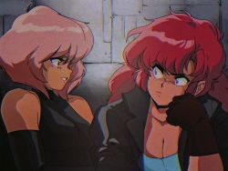 Rule 34 | 1990s (style), 2girls, big hair, breasts, brown gloves, cleavage, commentary, dark-skinned female, dark skin, david liu, elbow gloves, english commentary, gloves, head rest, jacket, leather, leather jacket, long hair, maria (space maria), medium breasts, multiple girls, pi (space maria), pink hair, red hair, retro artstyle, short hair, sleeveless, sleeveless turtleneck, small breasts, space maria, turtleneck, vhs artifacts