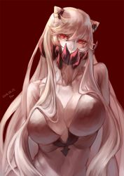 Rule 34 | 10s, 1girl, 2016, abyssal ship, artist name, bad id, bad pixiv id, breasts, cleavage, covered mouth, dated, highres, horns, kantai collection, large breasts, long hair, midway princess, pale skin, red eyes, solo, wa (87s-87), white hair