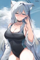 Rule 34 | 1girl, absurdres, animal ear fluff, animal ears, bare shoulders, black choker, black one-piece swimsuit, blue archive, blue eyes, blush, breasts, cat ears, choker, cleavage, closed mouth, collarbone, cross hair ornament, dolechan, grey hair, hair between eyes, hair intakes, hair ornament, halo, hand up, highres, large breasts, long hair, long sleeves, looking at viewer, off shoulder, one-piece swimsuit, outdoors, shiroko (blue archive), shiroko (swimsuit) (blue archive), shiroko terror (blue archive), shirt, solo, swimsuit, white shirt