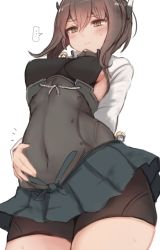 Rule 34 | 3girls, arm behind back, bike shorts, blush, breasts, brown eyes, brown hair, commentary request, covered navel, cowboy shot, fairy (kancolle), from below, hands on own stomach, headband, headgear, kantai collection, long sleeves, multiple girls, short hair, skin tight, skindentation, small breasts, solo focus, standing, taihou (kancolle), thighs, utopia, wavy mouth