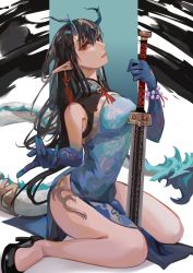 Rule 34 | 1girl, antlers, arknights, bare legs, bare shoulders, beckoning, black footwear, black hair, blue dress, blue gloves, blue tail, bracelet, breasts, china dress, chinese clothes, commentary, dragon, dragon girl, dragon tail, dress, dusk (arknights), earrings, eastern dragon, elbow gloves, eyebrows hidden by hair, eyeshadow, from side, full body, gloves, hair between eyes, high heels, highres, holding, holding sword, holding weapon, horns, index finger raised, jewelry, kneeling, lips, long hair, long neck, looking at viewer, makeup, outstretched arm, parted lips, pearl bracelet, pelvic curtain, pointy ears, red eyes, red eyeshadow, red ribbon, ribbon, scales, side slit, sideways glance, sitting, small breasts, solo, sword, sword between thighs, tail, tassel, tassel earrings, wariza, weapon, white background, white tail, zeanue illust