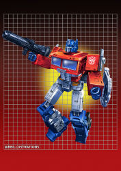 Rule 34 | 1980s (style), autobot, blue eyes, clenched hand, commentary, english commentary, full body, gun, holding, holding gun, holding weapon, jeffrey mangiat (style), mecha, no humans, oldschool, optimus prime, parody, red background, retro artstyle, robot, ryan button, science fiction, solo, style parody, transformers, transformers: war for cybertron trilogy, weapon
