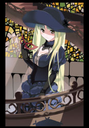 Rule 34 | blonde hair, domino mask, elbow gloves, gloves, hat, lace, long hair, mask, unworn mask, stained glass, stairs, wakaba sprout