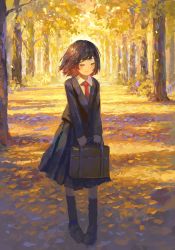 Rule 34 | 1girl, bag, black footwear, black hair, black jacket, black skirt, blazer, closed mouth, collared shirt, commentary request, fjsmu, full body, highres, holding, holding bag, jacket, loafers, long sleeves, multicolored hair, necktie, original, outdoors, red hair, red necktie, scenery, school bag, school uniform, shirt, shoes, short hair, skirt, smile, solo, standing, tree, white shirt, yellow theme