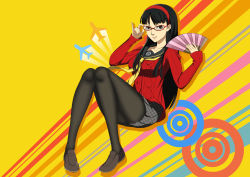 Rule 34 | 1girl, absurdres, adjusting eyewear, aircraft, airplane, amagi yukiko, black hair, black pantyhose, cardigan, commentary, glasses, hairband, hand fan, highres, hime cut, holding, holding fan, houndstooth, loafers, long hair, nottme, pantyhose, paper fan, persona, persona 4, pinky out, pleated skirt, red hairband, red sweater, school uniform, shoes, skirt, smile, solo, sweater, yasogami school uniform