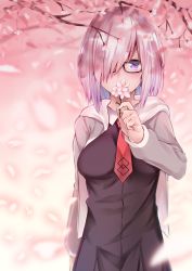 Rule 34 | 1girl, arm at side, between breasts, black-framed eyewear, black dress, blurry, blush, branch, breasts, cherry blossoms, depth of field, dress, fate/grand order, fate (series), flower, glasses, grey jacket, hair over one eye, highres, holding, holding flower, jacket, len (hand linke), long sleeves, looking at viewer, mash kyrielight, medium breasts, necktie, necktie between breasts, open clothes, open jacket, petals, pink hair, purple eyes, red necktie, short hair, solo, track jacket, upper body