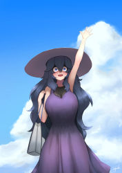 Rule 34 | 1girl, :d, @ @, absurdres, alternate breast size, arm up, bag, bare arms, bare shoulders, black hair, blue eyes, blue sky, breasts, cloud, commentary, creatures (company), dress, game freak, hair between eyes, hat, hex maniac (pokemon), highres, john (a2556349), large breasts, long dress, long hair, looking at viewer, nintendo, open mouth, pokemon, pokemon xy, purple dress, signature, sky, sleeveless, sleeveless dress, smile, solo, sun hat, very long hair, wavy hair