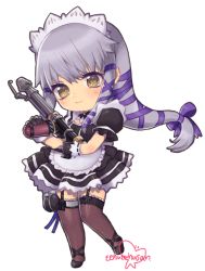 Rule 34 | 1girl, black gloves, breasts, brown eyes, chibi, clair lasbard, closed mouth, explosive, gloves, grenade, gun, highres, long hair, looking at viewer, maid, murata tefu, ribbon, silver hair, simple background, skirt, smile, solo, star ocean, star ocean till the end of time, thighhighs, weapon, white background
