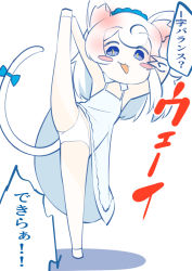 Rule 34 | 1girl, :3, animal ears, arms up, blue bow, blue dress, blue eyes, blue hairband, blush, blush stickers, bow, cat ears, cat tail, clothes lift, cluseller, dress, dress lift, ear blush, female focus, flat chest, hairband, happy, japanese text, koneko (cluseller), leg up, long hair, looking at viewer, multicolored eyes, open mouth, original, panties, sidelocks, simple background, sketch, sleeveless, sleeveless dress, smile, solo, spaghetti strap, speech bubble, split, standing, standing on one leg, standing split, tail, tail bow, tail ornament, talking, translation request, underwear, v, v over eye, white background, white hair, white panties, yellow eyes