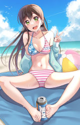 Rule 34 | 1girl, american flag bikini, aranami shibuki, ball, bang dream!, barefoot, beach, beachball, bikini, black hair, blue jacket, blue sky, breasts, can, cloud, commentary request, contrapposto, day, drink can, flag print, green eyes, hanazono tae, highres, horizon, jacket, long hair, looking at viewer, ocean, outdoors, sexually suggestive, sitting, sky, small breasts, soda can, solo, swimsuit, v