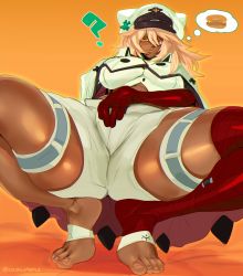 Rule 34 | 1girl, ?, absurdres, asymmetrical legwear, bandaged arm, bandaged leg, bandages, blonde hair, breasts, burger, cape, cashumeru, cloak, dark-skinned female, dark skin, feet, food, guilty gear, guilty gear strive, guilty gear xrd, hat, highres, large breasts, lips, looking at viewer, looking down, medium hair, midriff, orange background, orange eyes, pants, ramlethal valentine, sidelocks, solo, spread legs, squatting, thick thighs, thigh strap, thighs, thought bubble, underboob, white hat, white pants