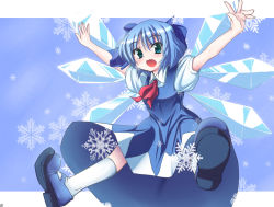 Rule 34 | 1girl, bad id, bad pixiv id, blue background, blue eyes, blue hair, blue theme, bow, cirno, dress, embodiment of scarlet devil, fang, hair bow, ice, mary janes, matching hair/eyes, outstretched arms, pilky, ribbon, shoes, short hair, smile, snowflakes, socks, solo, spread arms, touhou, white socks, wings