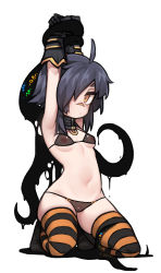 Rule 34 | 1girl, ahoge, arms up, bikini, black bikini, black gloves, black hair, breasts, closed mouth, gloves, groin, hair over one eye, highres, kneeling, midriff, navel, nipples, nyong nyong, orange eyes, original, pussy, see-through, see-through bikini, short hair, sidelocks, simple background, skindentation, small breasts, solo, striped clothes, striped thighhighs, swimsuit, tentacles, thighhighs, thighs, uncensored, white background