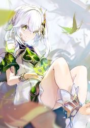 Rule 34 | 1girl, blurry, blurry foreground, bracelet, commentary, cross-shaped pupils, flat chest, genshin impact, green eyes, highres, jewelry, knees, koomoi, legs, long hair, looking at viewer, nahida (genshin impact), smile, solo, symbol-shaped pupils, thighs, toeless legwear, white hair, wrist guards
