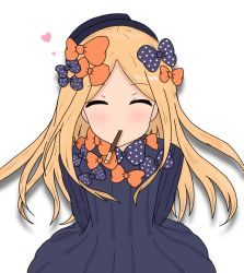Rule 34 | 1girl, ^ ^, abigail williams (fate), arms behind back, atsumisu, bad id, bad pixiv id, black bow, black dress, black hat, blonde hair, blush, bow, closed eyes, commentary request, dress, facing viewer, fate/grand order, fate (series), food, food in mouth, hair bow, hat, heart, highres, long hair, long sleeves, mouth hold, orange bow, parted bangs, pocky, pocky day, pocky kiss, polka dot, polka dot bow, shadow, shared food, simple background, sleeves past fingers, sleeves past wrists, solo, upper body, very long hair, white background