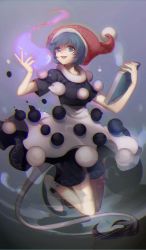 Rule 34 | 1girl, blob, blue eyes, blue hair, book, chromatic aberration, doremy sweet, dress, full body, gradient background, hat, highres, layered dress, looking at viewer, matching hair/eyes, md5 mismatch, nightcap, no-kan, open mouth, resized, resolution mismatch, santa hat, short hair, short sleeves, smile, socks, solo, source larger, tail, tapir tail, touhou, white socks