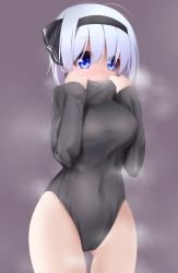 Rule 34 | 1girl, ahoge, black hairband, black ribbon, blue eyes, blush, commentary request, covered navel, cowboy shot, evandragon, gluteal fold, hair between eyes, hair ribbon, hairband, hands up, heattech leotard, highres, konpaku youmu, leotard, long sleeves, looking at viewer, nose blush, purple background, ribbed leotard, ribbon, short hair, silver hair, simple background, sleeves past wrists, solo, standing, steam, touhou, turtleneck